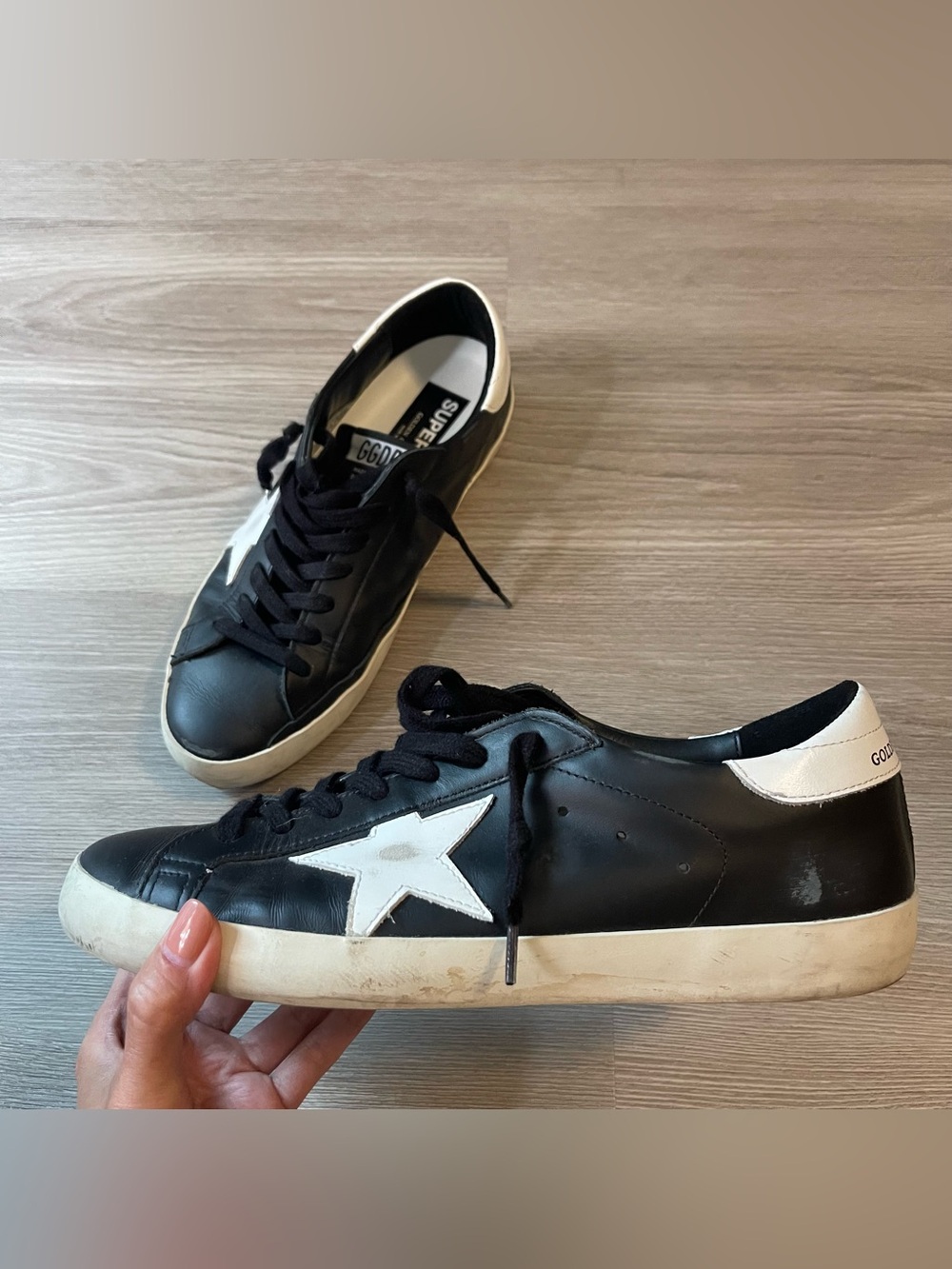 Golden Goose Super Star Classic Leather Shiny Star Black White Mens Size 42